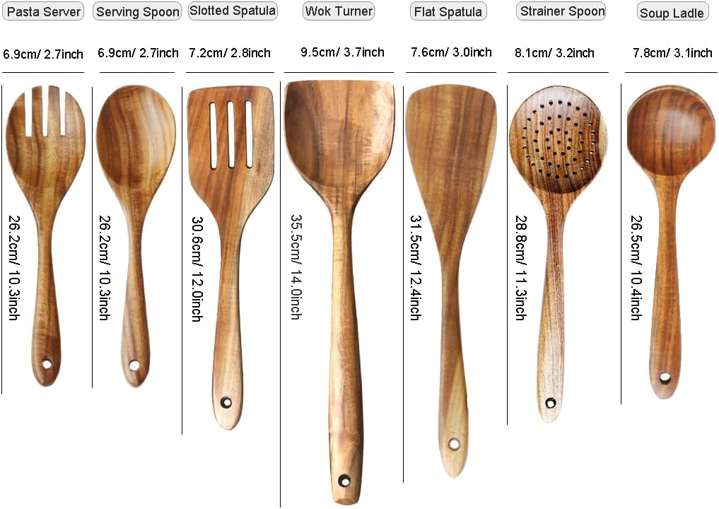 Wooden Spoons for Cooking, ADLORYEA Wood Kitchen Utensils Set, Natural Teak Wooden Cooking Utensils set for Nonstick Cookware, 7-Piece Sturdy Eco-friendly and Healthy Wooden Spatula for Cooking - PuriLite