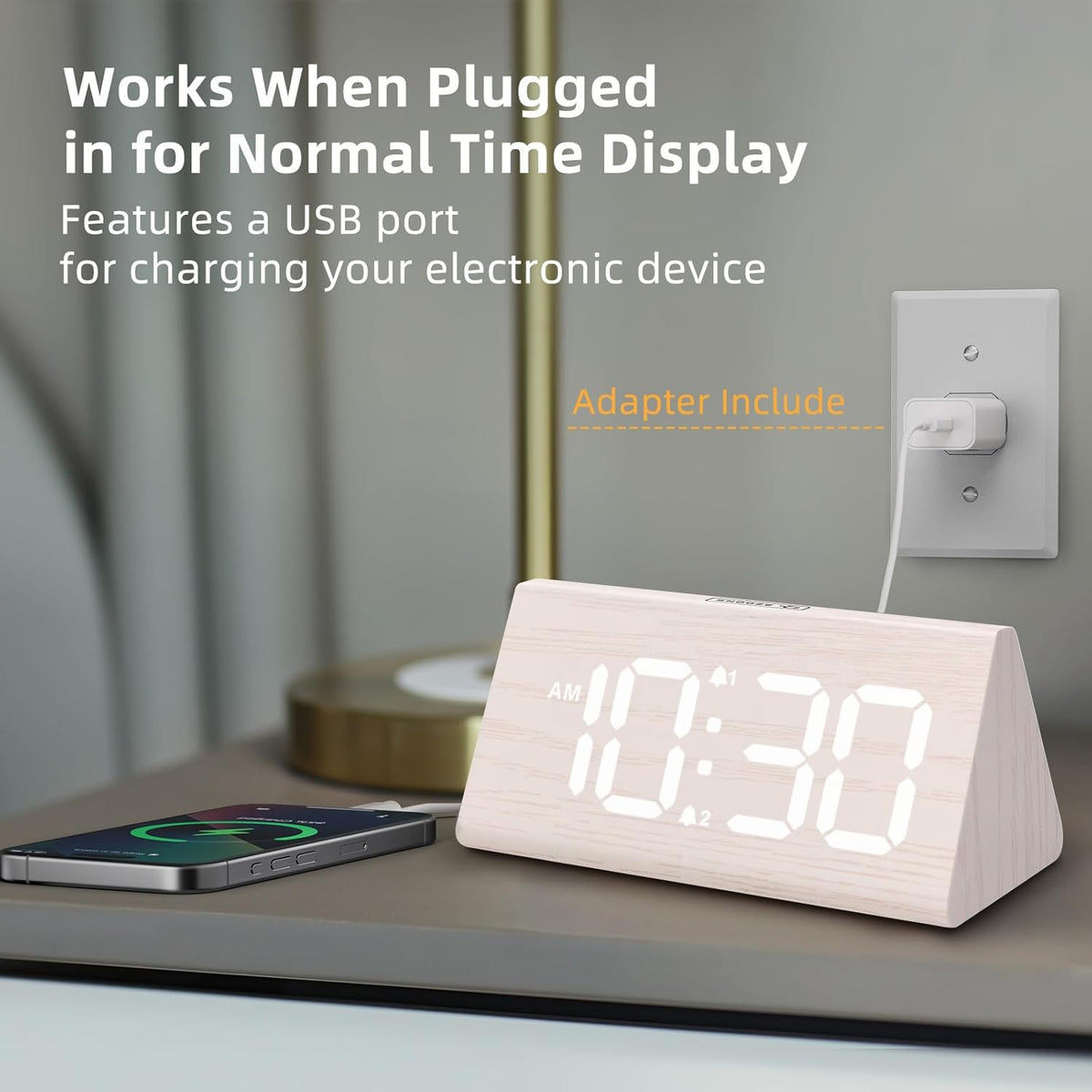 Odokee Wooden Digital Alarm Clock for Bedroom: Electric Desk Clock with Large LED Display - Brown - PuriLite