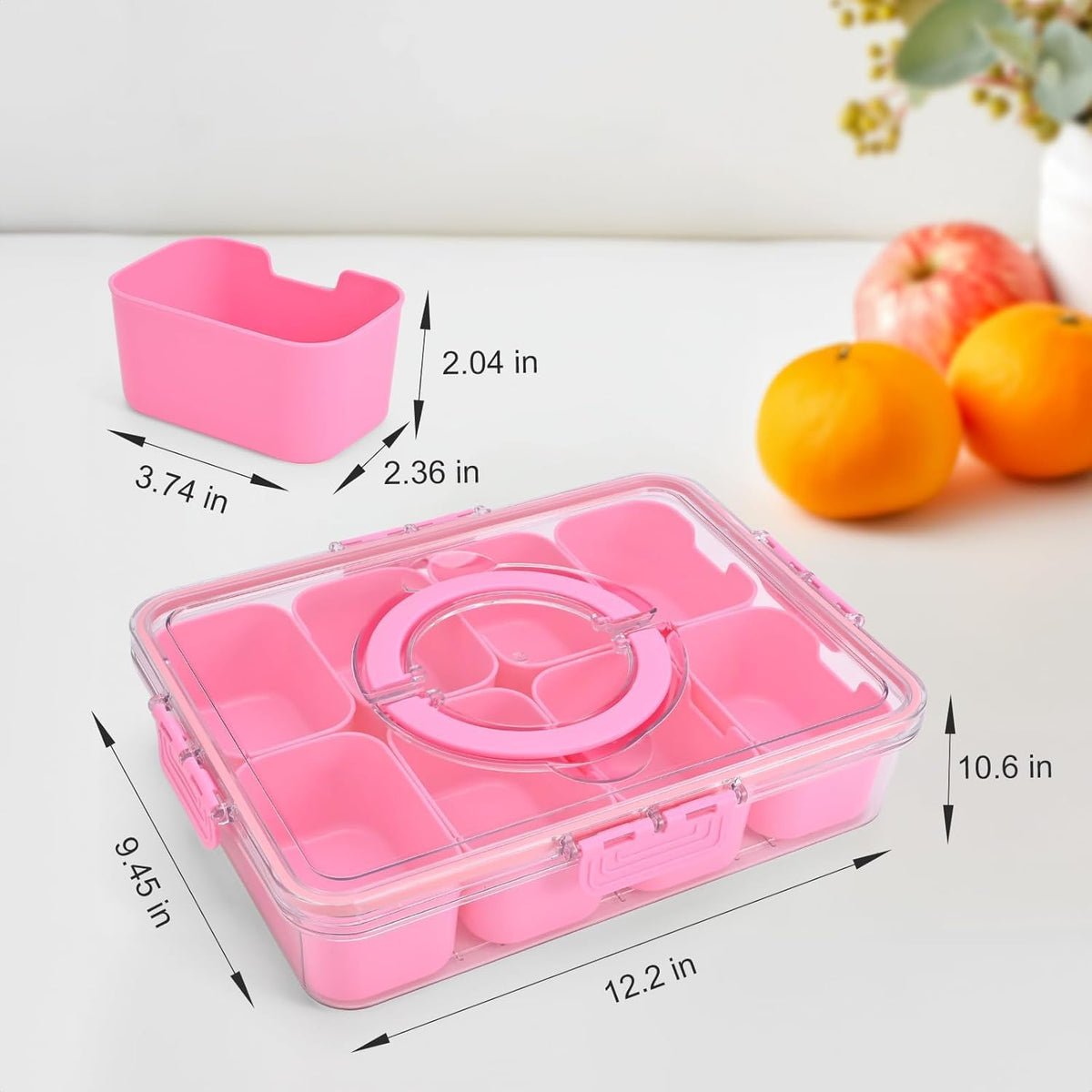 KIGITIONE Snackle Box, Pink 8 Compartments Portable Serving Tray, Divided Snackle Box Container with Lid and Handle, Snack Organizer for Fruits, Snacks, Nuts, Candy, Ideal for Party, Travel & Picnics - PuriLite