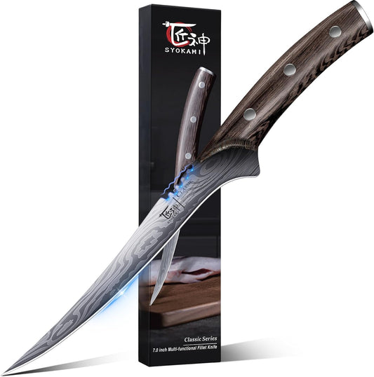 SYOKAMI Fillet Knife, Razor Sharp 7.2 Inch Boning Knife, High Carbon Stainless Steel Filet Knives with High Flexibility, Wooden Handle, Full Tang Damascus Pattern Fish Knives, Ideal for Gifting - PuriLite
