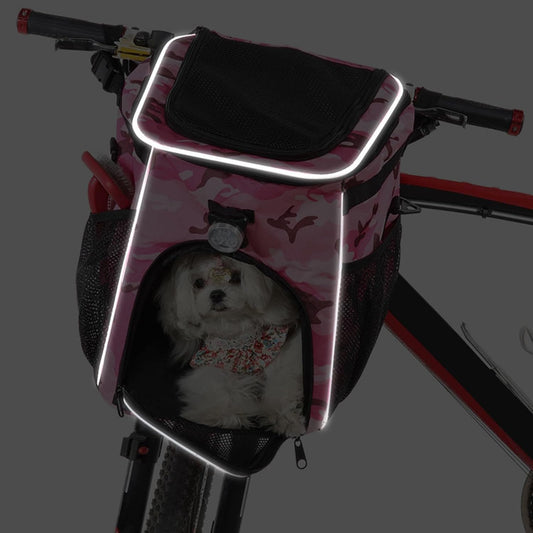 Dog Bike Basket, Waterproof Pet Bike Carrier, Removable Front Carrier Backpack with Side Pockets, Protable Pet Travel Bag for Outdoor, Road Trips, Dog Walking (Pink Camo)