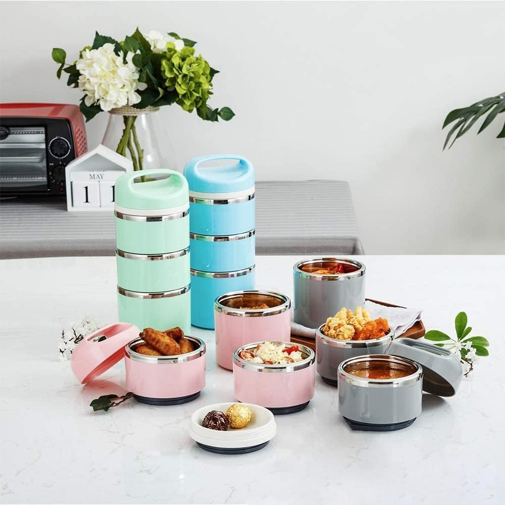 Lille Home Stackable Stainless Steel Thermal Compartment Lunch/Snack Box, 3-Tier Insulated Bento/Food Container with Lunch Bag, Cutlery Set and 3 Extra Seals, 43OZ (Gray) - PuriLite