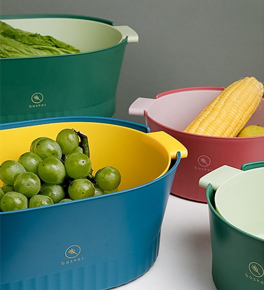Kitchen Washbas Food Strainer Drain Basket Rotating Drainer Double-Layer Basin Vegetable Fruit Washing Strainer - PuriLite