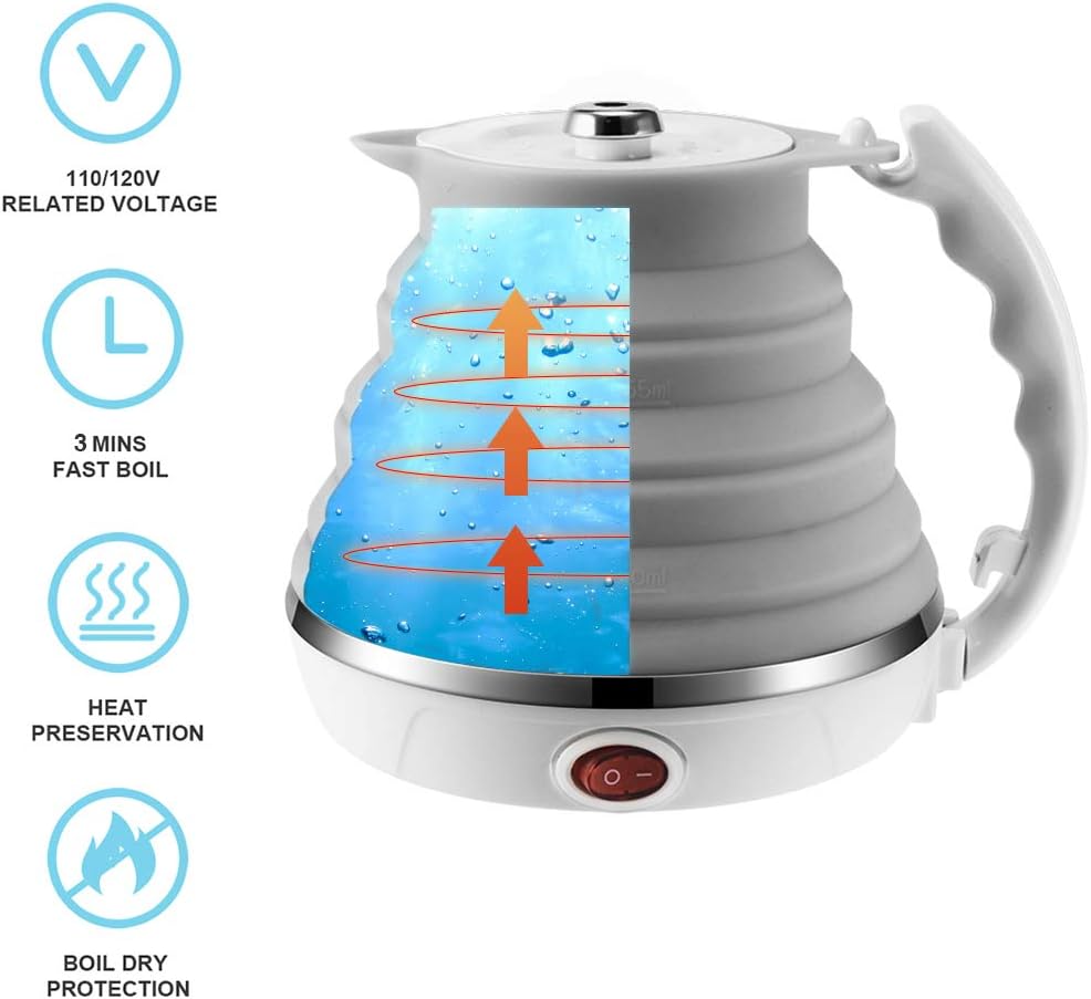 120V 555ML Ultrathin Travel Foldable Electric Kettle with Separable Power Cord and Handle, Boil Dry Protection, Food Grade Silicone - PuriLite
