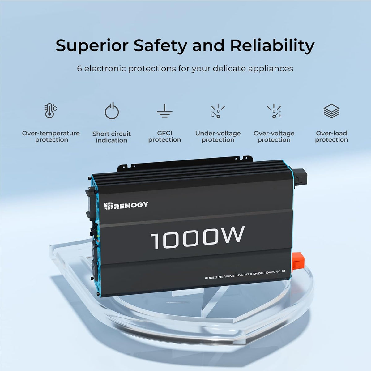 Renogy Pure Sine Wave Inverter 1000w Power Inverter DC 12v to AC 110v, Solar Inverter 12v to 110v Converter with 5V/2.1A USB Port, 2 AC Ports, Remote Controller - PuriLite