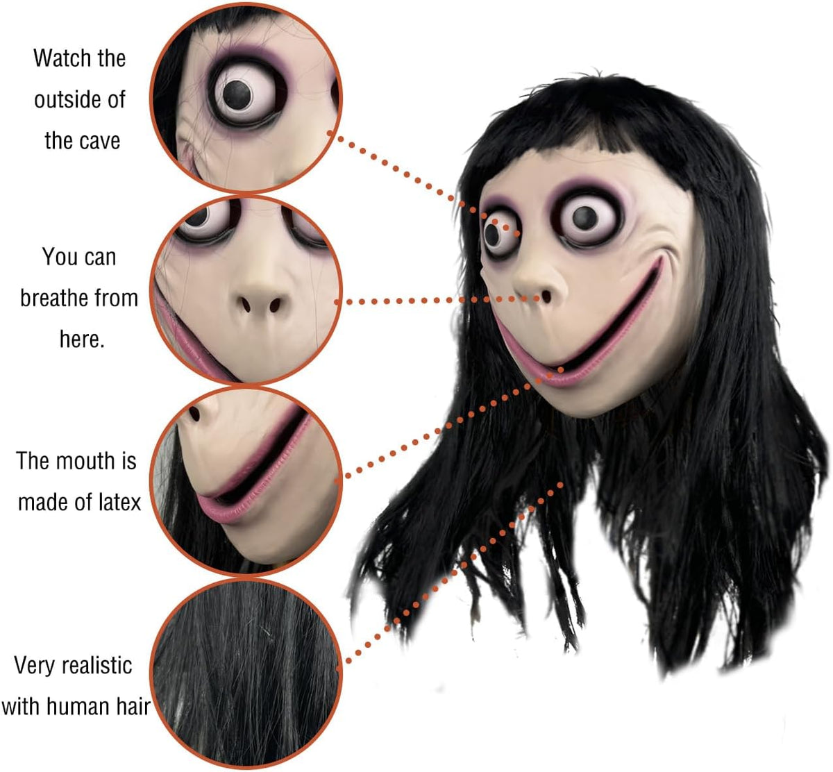Scary Momo Mask with Long Black Wig - Latex Halloween Costume for Adults - Creepy Face Mask for Parties & Haunted Houses - PuriLite