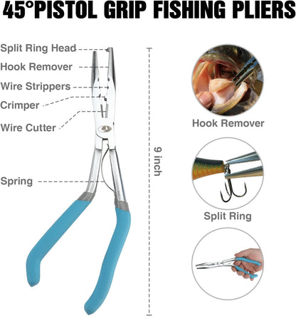 MOSSY OAK 4pc Fishing Tool Kit - Pistol Grip Fishing Pliers, Fish Fillet Knife, Fishing Gripper, Line Snip, Fly Fishing Retractor with Retractable Lanyard - PuriLite