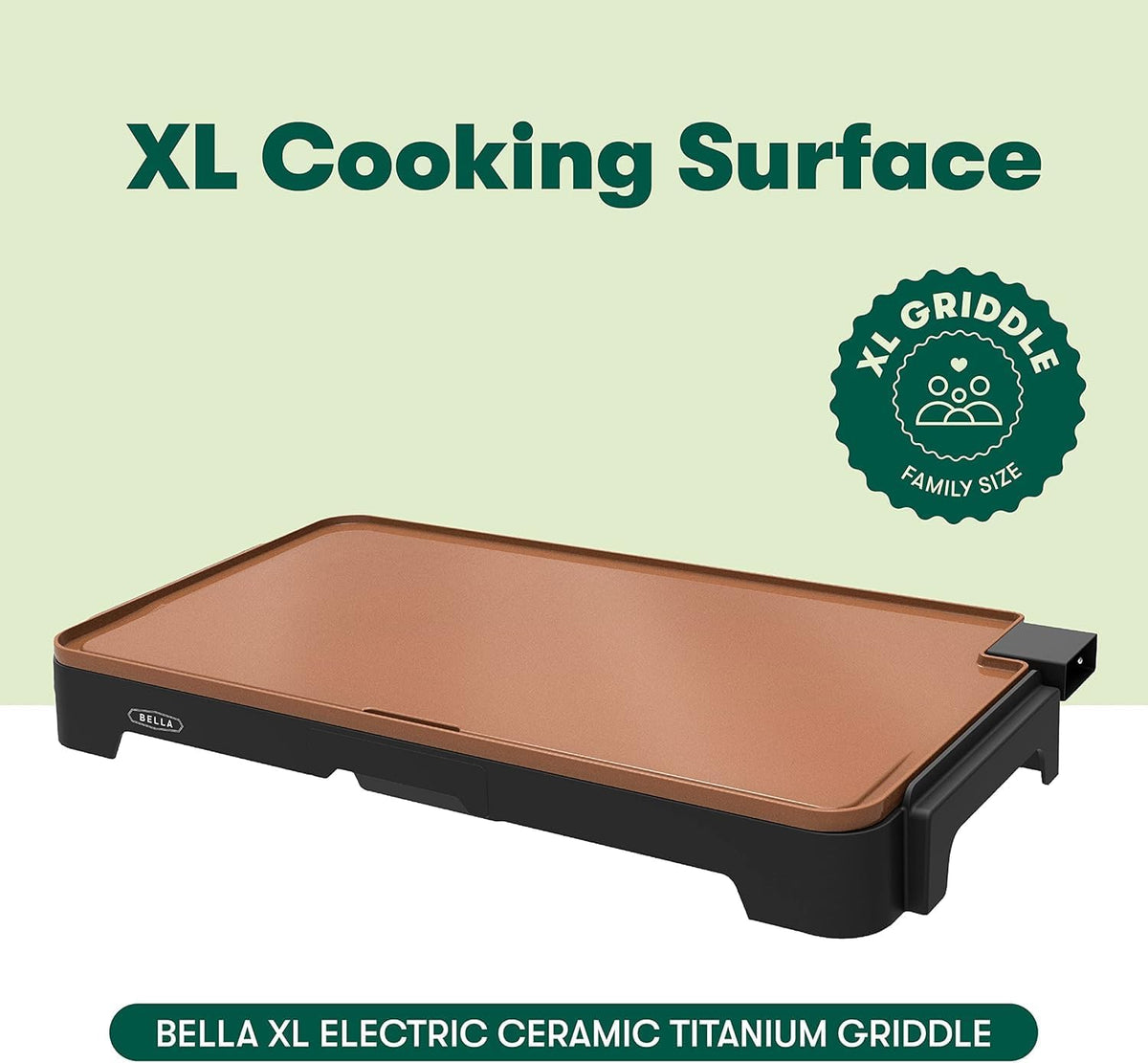 BELLA XL Electric Ceramic Titanium Griddle, Make 15 Eggs At Once, Healthy-Eco Non-stick Coating, Hassle-Free Clean Up, Large Submersible Cooking Surface, 12" x 22", Copper/Black - PuriLite