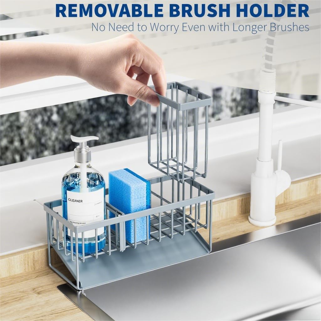 Cisily Kitchen Sink Caddy Organzier with High Brush Holder, Sponge Holder for Sink, 304 Rustproof Stainless, Kitchen Countertop Soap Dispenser Organizer, Kitchen Decor and Accessories (Black) - PuriLite