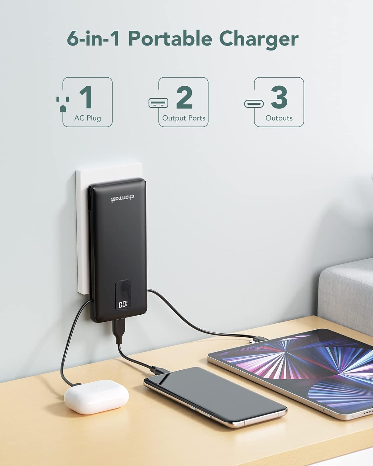 Charmast Portable Charger with Built-in Cables and Plug, 10000mAh USB C Power Bank Fast Charging 15W, External Battery Pack Slim, Travel Essentials Compatible with 16 15 14 13, Samsung Galaxy, iPad - PuriLite