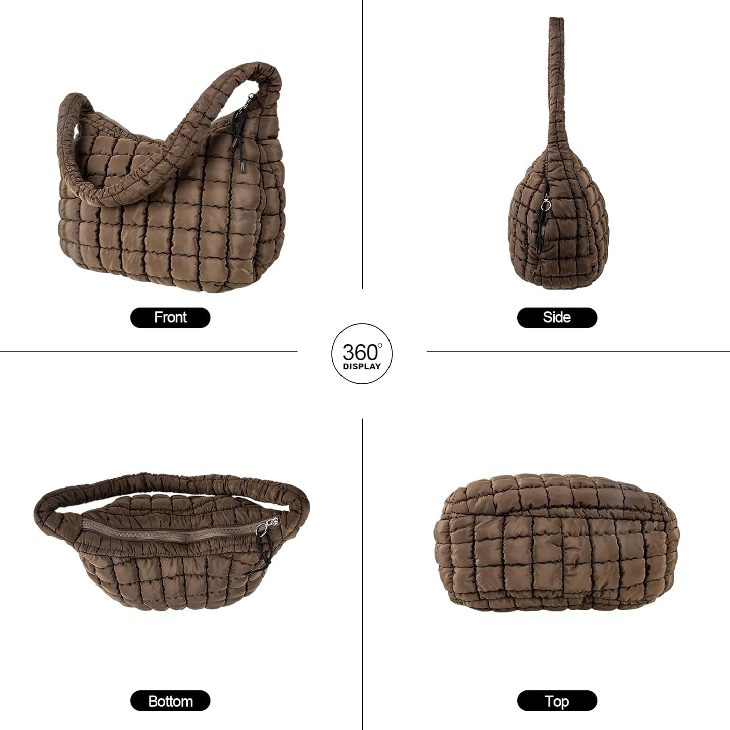 Quilted Puffer Tote Bag Large Crossbody Shoulder Bag with Zipper, Nylon Hobo Oversized Handbag - PuriLite