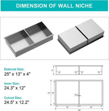 MENATT No Tile Shower Niche, Stainless Steel Wall Niche 13"X19"(Inner Size 12"X18"), Two-Tier Bathroom Shelf, NO Tile Needed Recessed Niche Shower for Bathroom Storage, Black - PuriLite