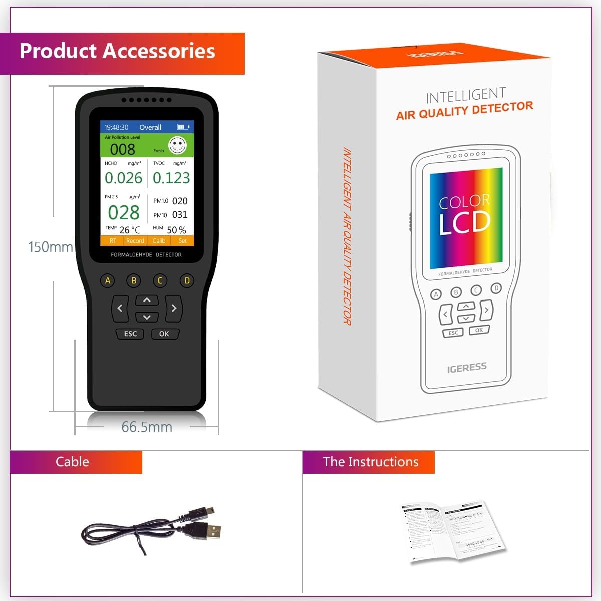 Air Quality Tester, 8 in 1 Air Quality Monitor Indoor，Formaldehyde Detector, voc Meter, Detect Indoor HCHO,TVOC,AQI,PM2.5,PM10,PM1.0,Temperature and Humidity Tester (Black) - PuriLite