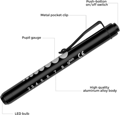 RISEMART Pen Lights for Nurses, 2 Pack Reusable Medical Light with Pupil Gauge and Ruler, White Light LED Penlight for Student Doctors EMT (Black/White) - PuriLite