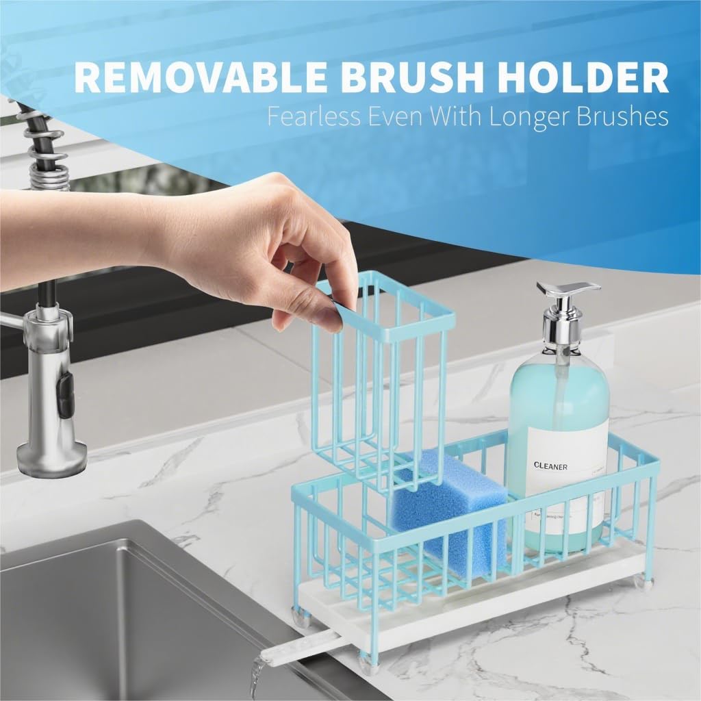 Cisily Sponge Holder for Kitchen Sink, Sink Caddy with High Brush Holder, Organzier Rustproof 304 Stainless Steel Dish Organizer Divider, Soap Dispenser Storage (Black) - PuriLite