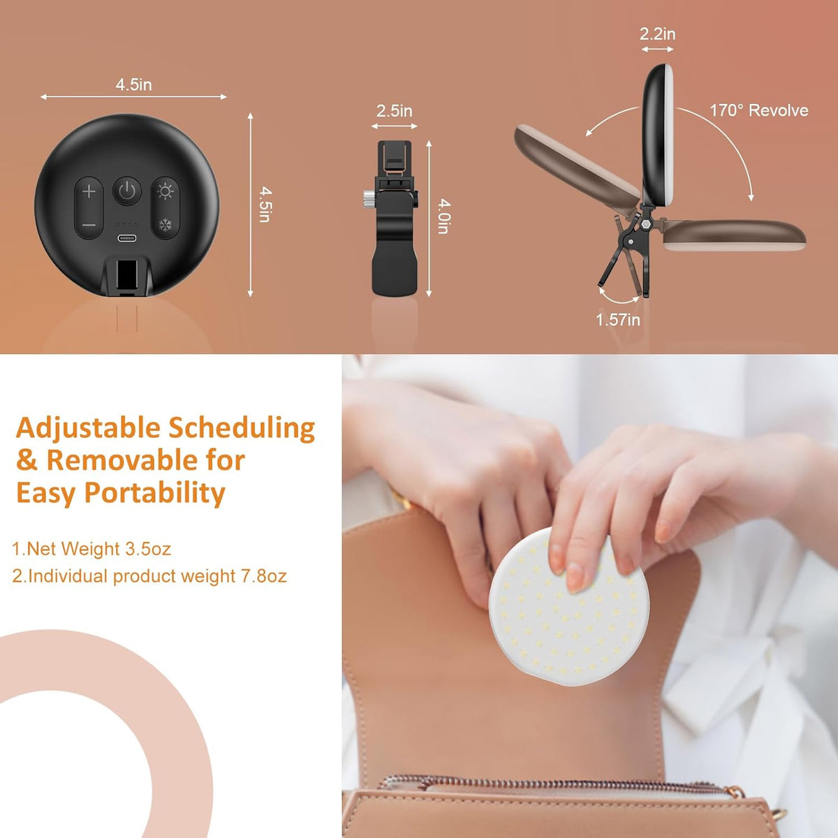 Anautin 60 LED Ring Light, Rechargeable Selfie Light with Front & Back Clip, 2500-6500K Portable Phone Light, Adjustable 3 Light Modes for iPhone, iPad, Tablet, Laptop, CRI97+, 90 Grams (Black) - PuriLite