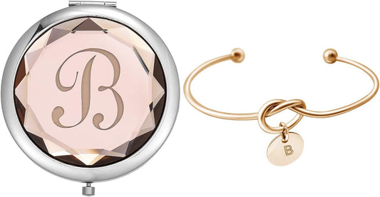 Compact Crystal Pocket Makeup Mirrors Set - Letter Mirror and Love Knot Bracelets for Bachelorette Party, Bridesmaid Proposal, Wedding Gifts (Champagne-B) - PuriLite