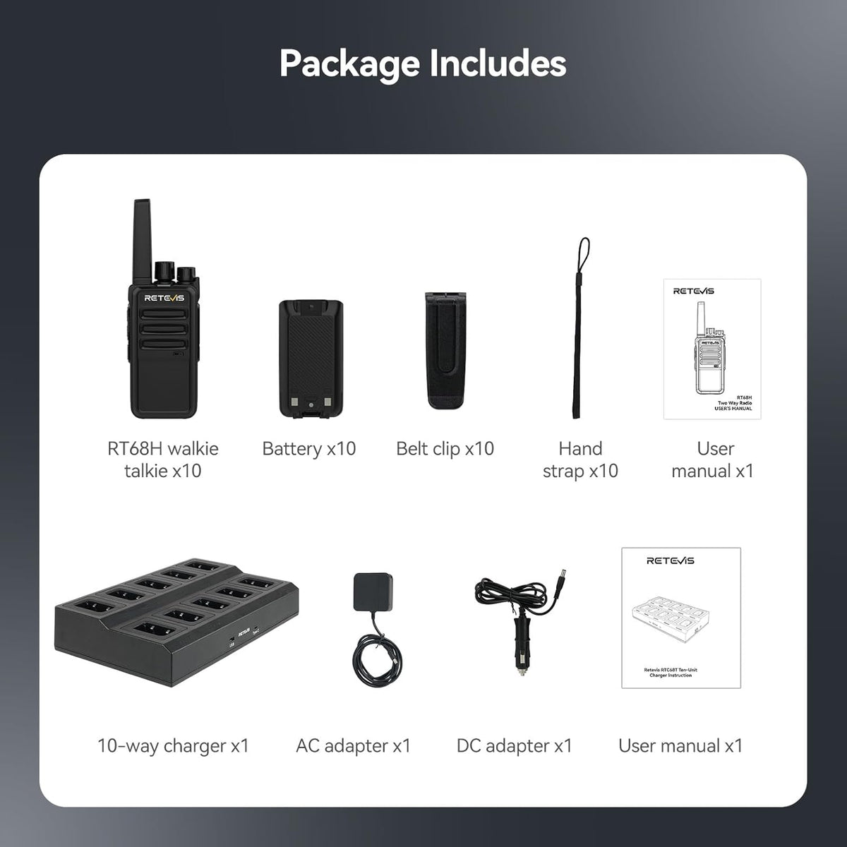 Retevis RT68H 2 Way Radios Long Range with 10 Way Charger,Walkie Talkies Rechargeable for Adults,Easier Charging,Easier Management,LED Display, Keypad Lock,Hands Free Compact Walkie Talkie (10 Pack) - PuriLite