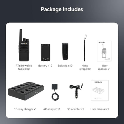 Retevis RT68H 2 Way Radios Long Range with 10 Way Charger,Walkie Talkies Rechargeable for Adults,Easier Charging,Easier Management,LED Display, Keypad Lock,Hands Free Compact Walkie Talkie (10 Pack) - PuriLite