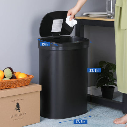13 Gallon 50 Liter Garbage Can Kitchen Trash Can with Lid Automatic Sensor Touch Free Stainless Steel Waste Bin for Bathroom Bedroom Home Office,Black - PuriLite