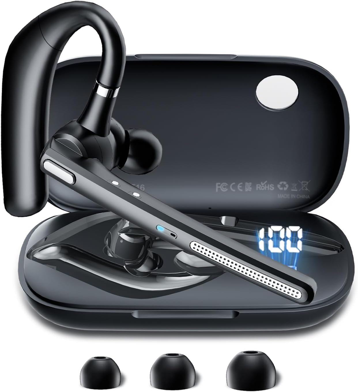 Bluetooth Headset, Bluetooth Earpiece V5.3 with Noise Cancelling Mic, Wireless Headset Hands-Free with High Capacity Battery LED Display Charging Case, Single Ear Headphones for Office/Trucker - PuriLite