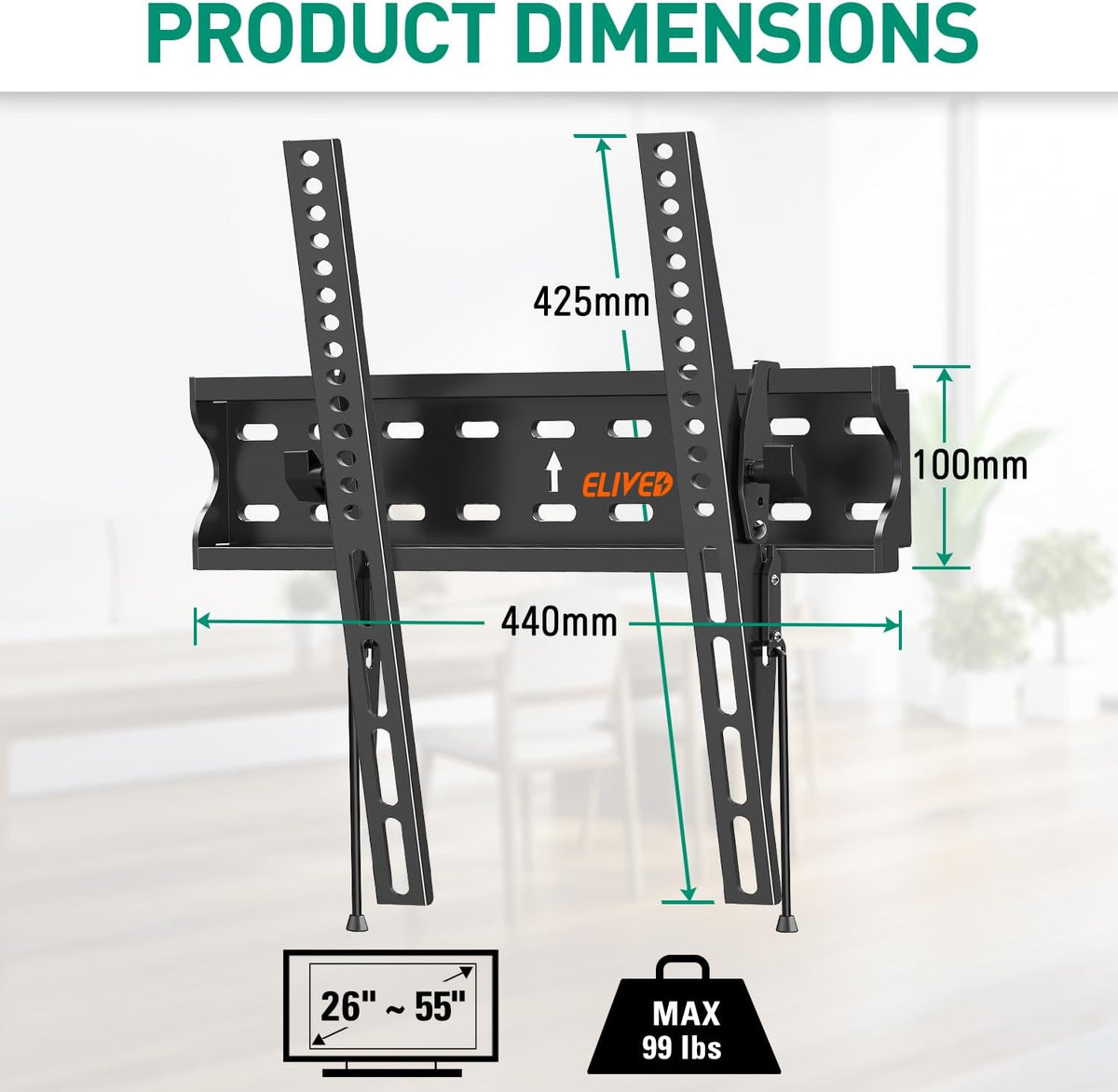 Tilting TV Wall Mount Bracket, Universal TV Mount Low Profile for 26-55 Inch Flat Screen TVs, Ultra Slim, Easy to Install with Tilting Knob, Fits 12''/16'' Studs, Max VESA 400x400mm, 99 lbs. ELIVED - PuriLite
