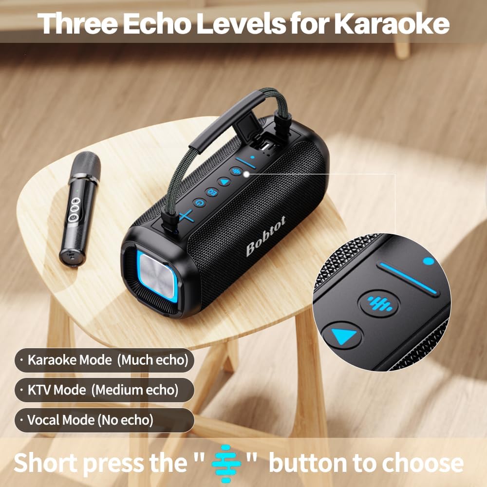Portable Karaoke Machine, Bluetooth Speaker with Microphone, Three Echo Levels, Indoor and Outdoor Modes, IPX6, BT 5.3, Supports AUX, TF, USB - PuriLite
