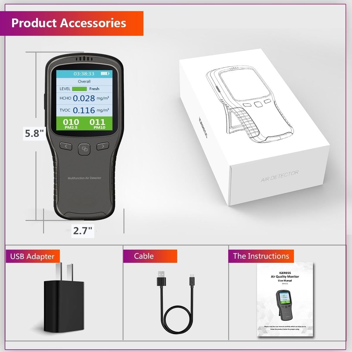 Air Quality Tester, 8 in 1 Air Quality Monitor Indoor，Formaldehyde Detector, voc Meter, Detect Indoor HCHO,TVOC,AQI,PM2.5,PM10,PM1.0,Temperature and Humidity Tester (Black) - PuriLite