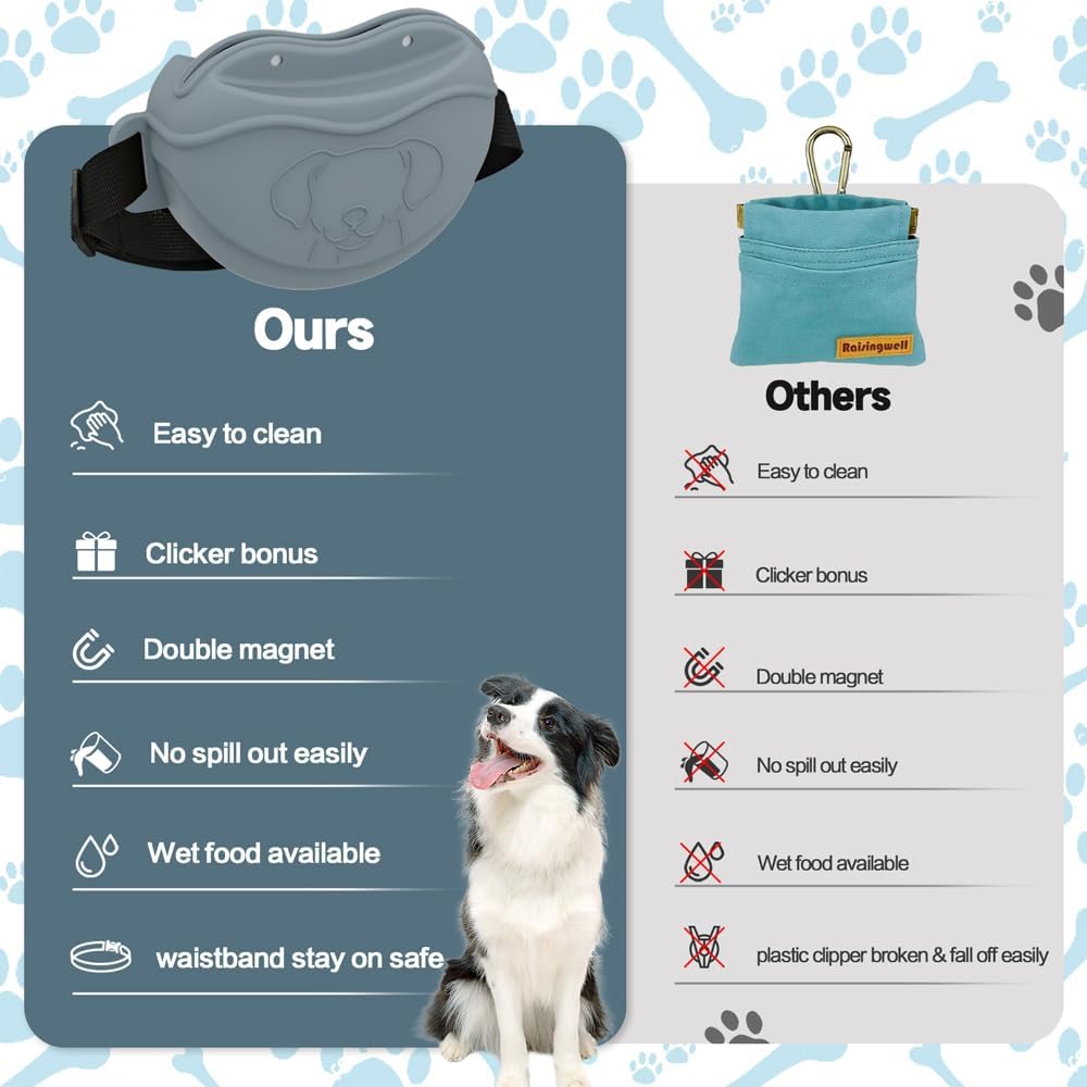 TUCANA Silicone Dog Treat Pouch for Pet Training – Upgraded 4 Strong Magnets Enhanced Magnetic Closure, Ease of Cleaning, Come with Adjustable Wasit Belt and Effective Dog Clicker (Grey) - PuriLite