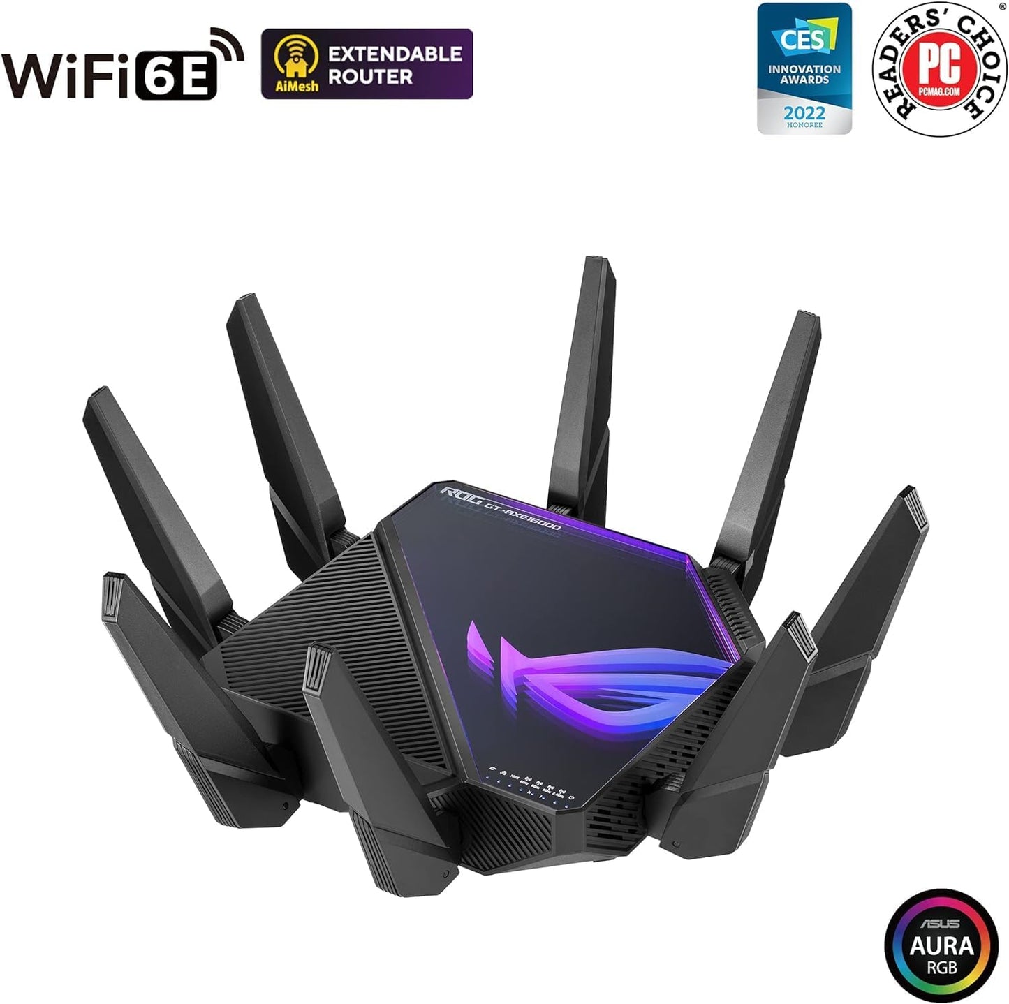 ASUS ROG Rapture WiFi 6E Gaming Router (GT-AXE16000) - Quad-Band, 6 GHz Ready, Dual 10G Ports, 2.5G WAN Port, AiMesh Support, Triple-Level Game Acceleration, Lifetime Internet Security, Instant Guard - PuriLite
