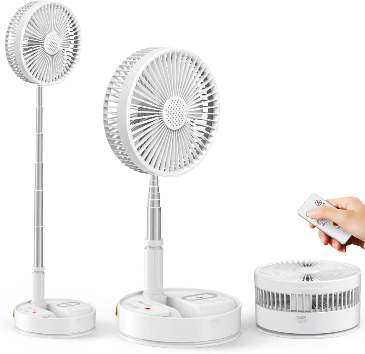 HHT Foldable Portable Standing Fan with Remote, 8" Rechargeable Floor Fan, 120° Quiet Oscillating Fan, 4 Speeds, LED Light, Timer, 7200mAh Battery, Adjustable Height Table Fan for Home Travel - PuriLite