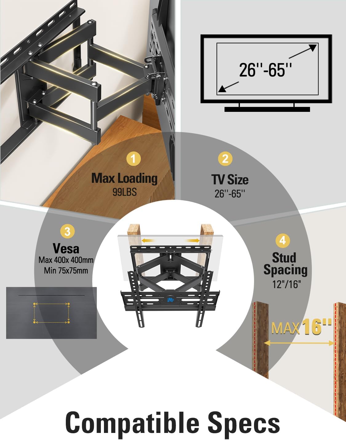 Mounting Dream TV Wall Mount for Most 32-65" Flat Screen TVs, Full Motion TV Mount with Dual Swivel Articulating Arms, Easy for TV Centering, Max VESA 400x400mm, 99 lbs Loading MD2380 - PuriLite