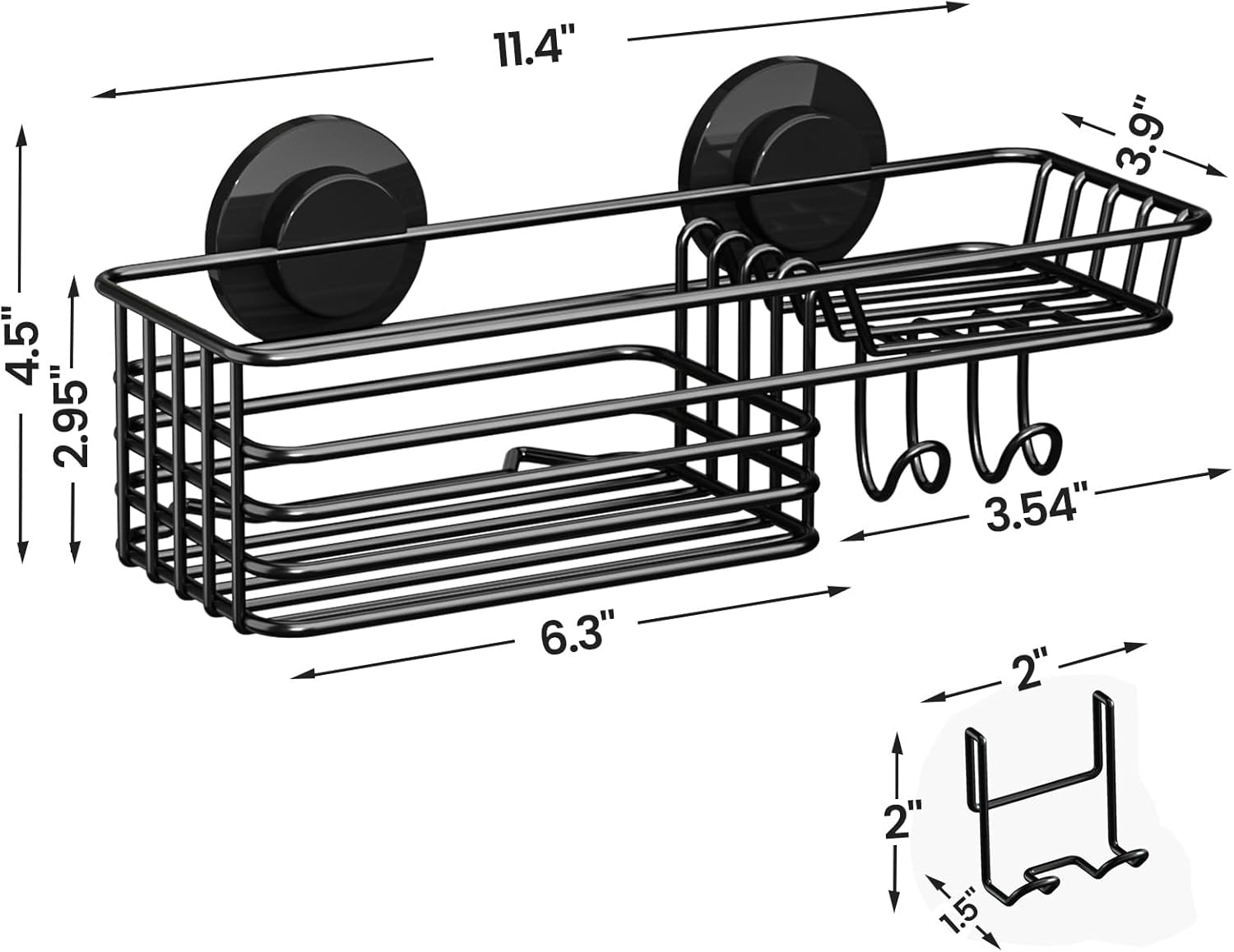 LEVERLOC Shower Caddy Suction Cup, 2 Pack Black Shower Shelf with Hooks and Soap Holder, NO-Drilling Bathroom Organizer, Rustproof Metal Bathroom Storage and Organization - PuriLite