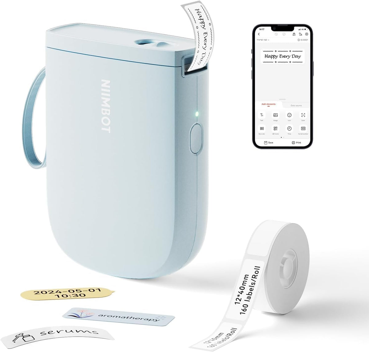 NIIMBOT D110 Mini Label Maker Machine with Tape(Pre-Cut Size 12x40mm), Portable Bluetooth Sticker Printer, Inkless Automatic Feeding One-Touch Custom Printing, Compatible with Phone Only - PuriLite