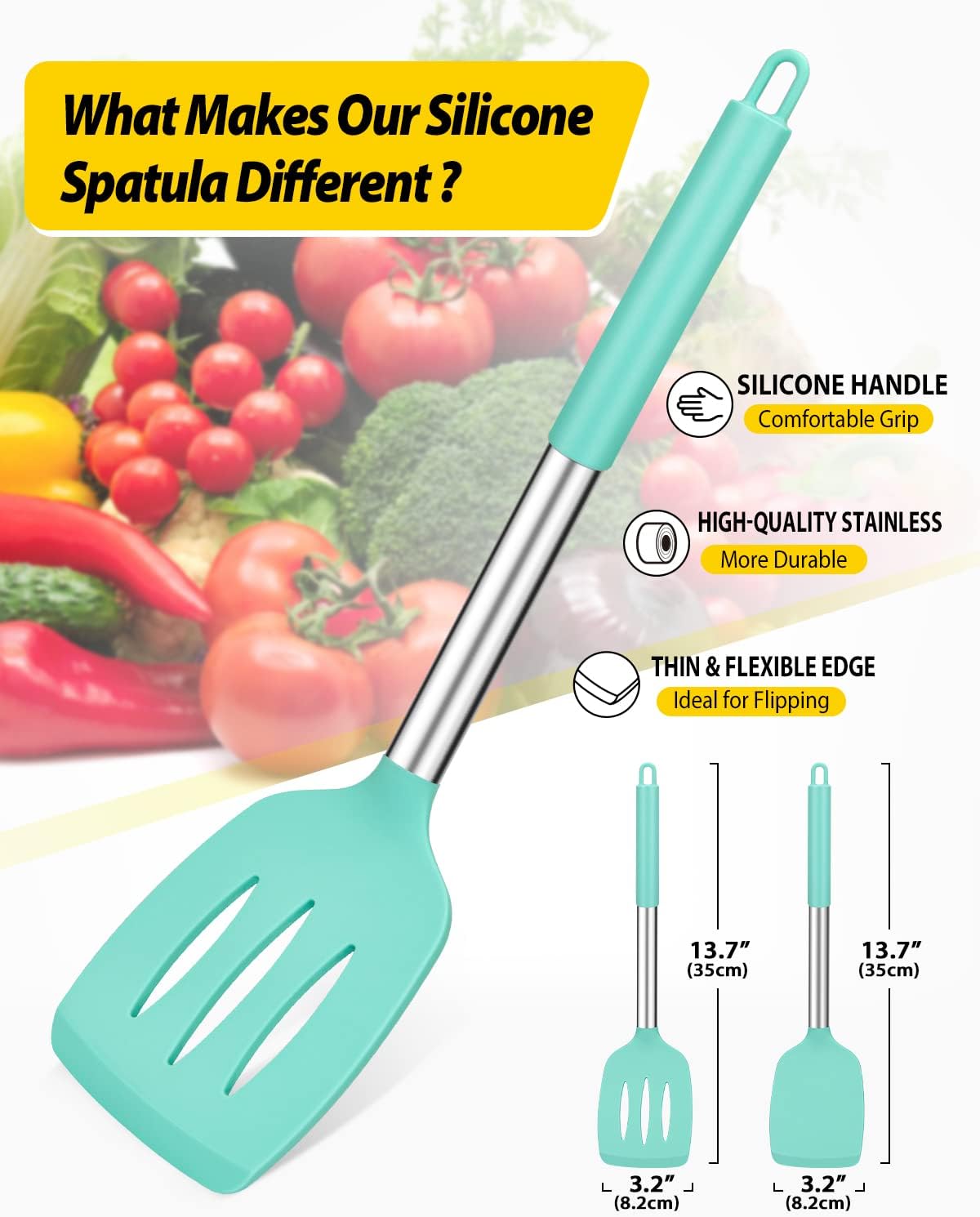 Pack of 2 Silicone Slotted Spatula,Non Stick Solid Kitchen Turner, High Heat Resistant BPA Free Cooking Utensils for Fish, Eggs, Pancakes（Black - PuriLite