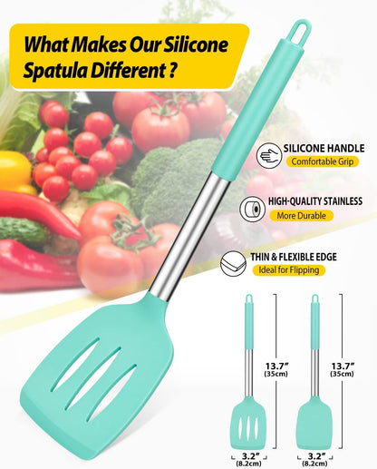 Pack of 2 Silicone Slotted Spatula,Non Stick Solid Kitchen Turner, High Heat Resistant BPA Free Cooking Utensils for Fish, Eggs, Pancakes（Black - PuriLite
