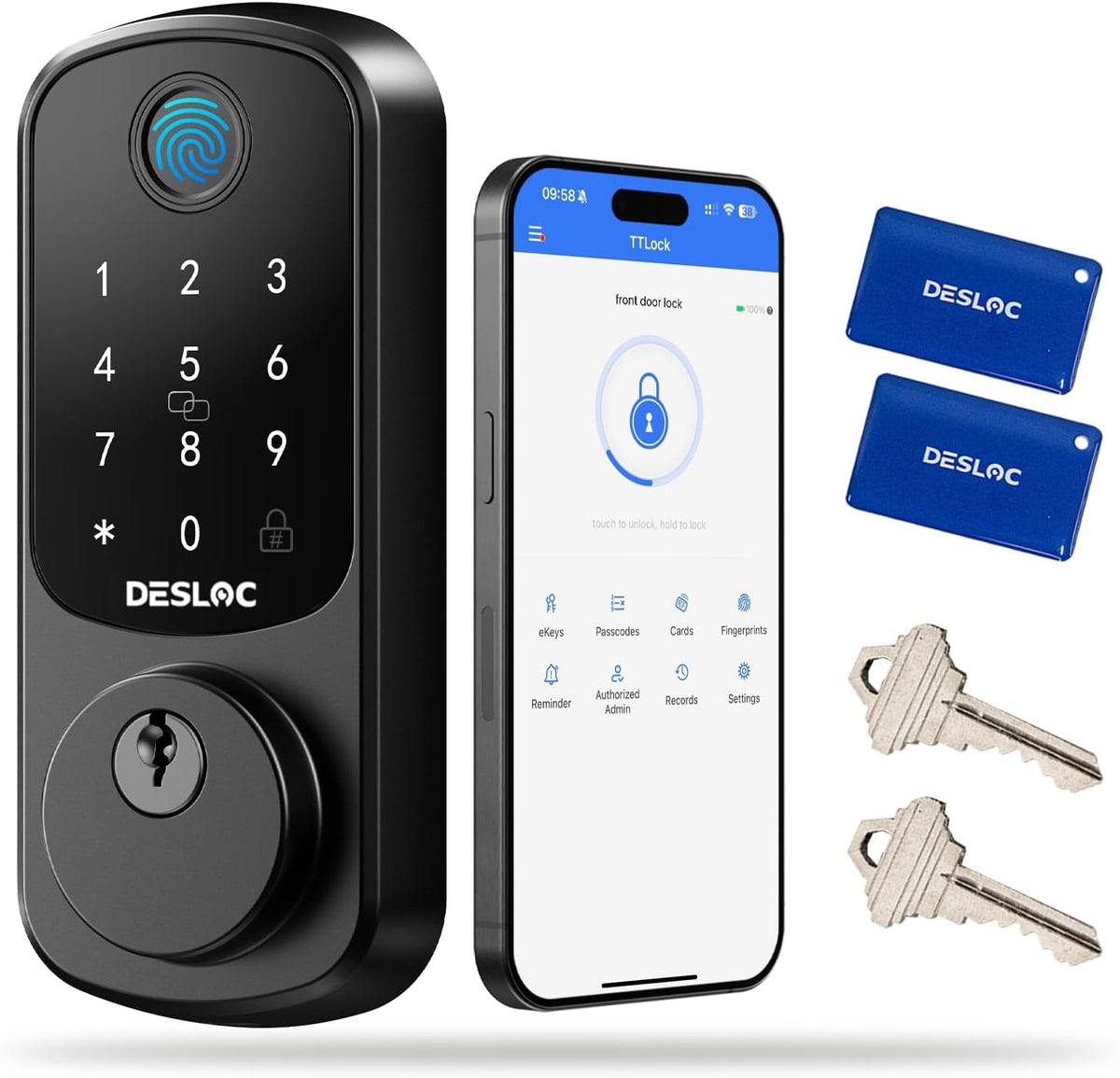 DESLOC B200 Fingerprint Smart Door Lock, Keyless Entry Door Lock, App Control, Easy Installation, Front Door Smart Deadbolt Lock, Touchscreen Keypad, Emergency Power Port, 12 Months Battery, IP54 - PuriLite