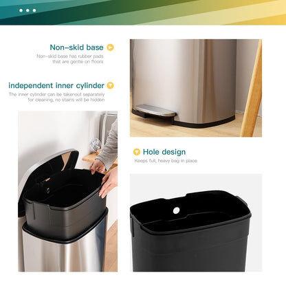 13 Gallon/50 L Garbage Can Kitchen Trash Can with Lid for Office Bedroom Bathroom Step Trash Bin Fingerprint-Proof Brushed Stainless Steel - PuriLite
