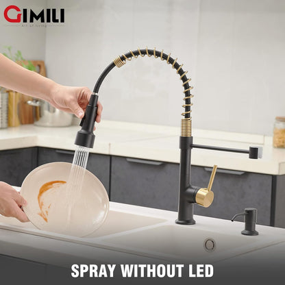 GIMILI Matte Black Kitchen Faucet with LED Light,Single Hole Spring Kitchen Sink Faucet with Pull Down Sprayer - PuriLite