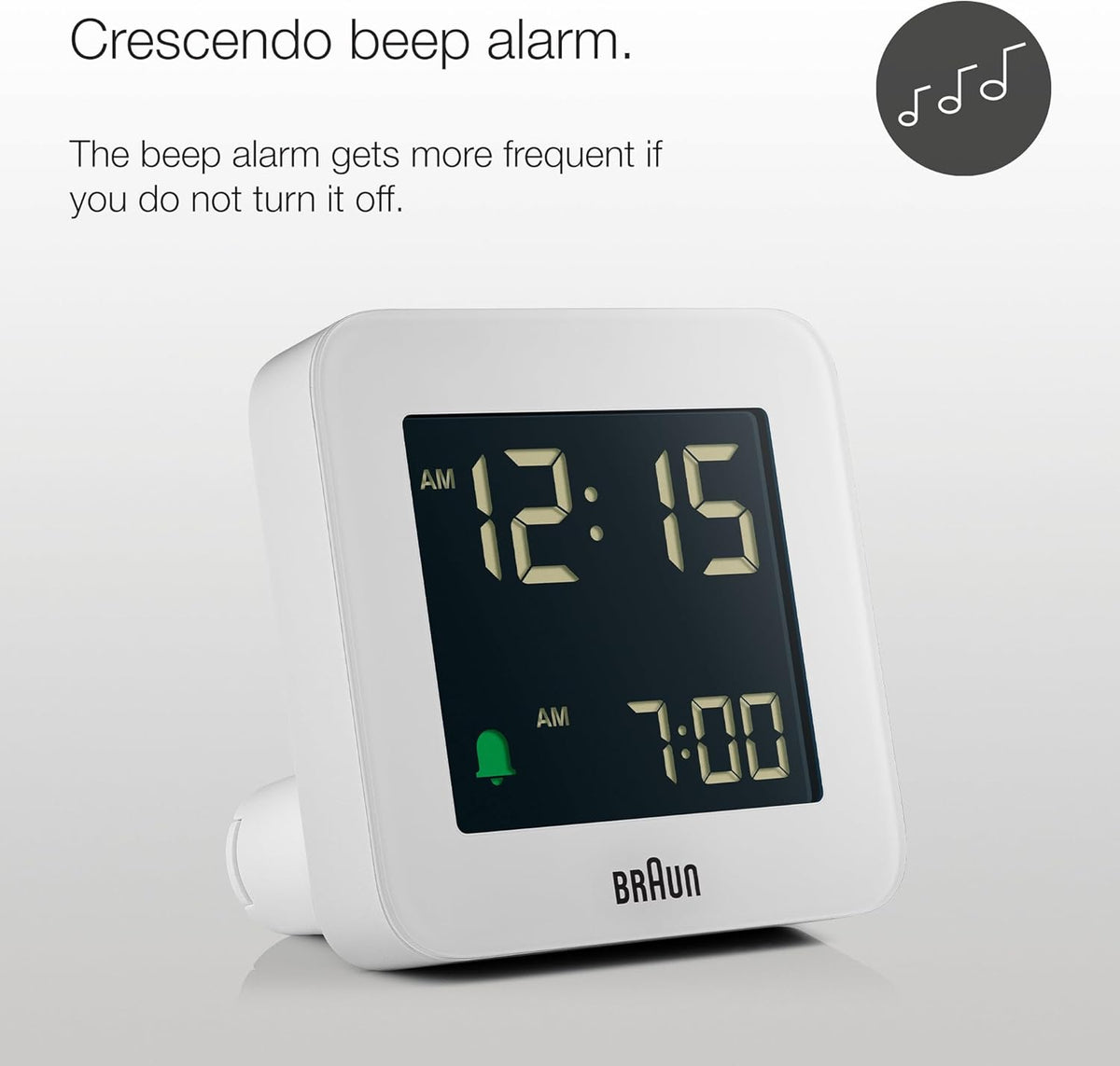 Braun Digital Alarm Clock with Snooze, Negative LCD Display, Quick Set, Crescendo Beep Alarm in White, Model BC09W. - PuriLite
