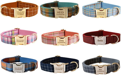 Custom Dog Collar with Metal Buckle - Pet Collars Personalized with Name and Phone Number (Plaid) - PuriLite