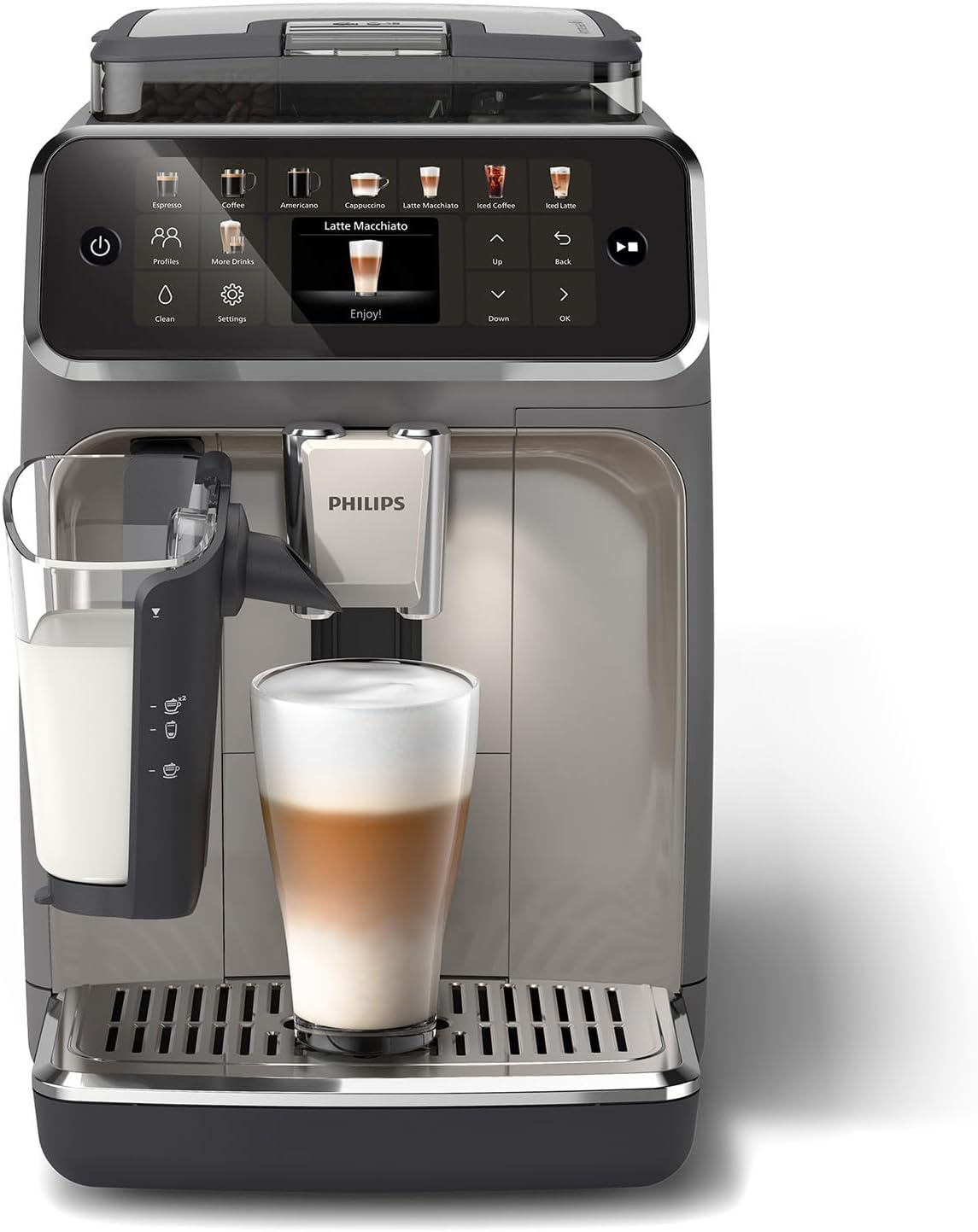 PHILIPS 5500 Series Fully Automatic Espresso Machine - LatteGo Milk System, 20 Coffee Varieties, Intuitive Touch Display, SilentBrew, 100% Ceramic Grinder, AquaClean Filter, Grey Chromed (EP5544/90) - PuriLite