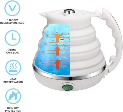 120V 555ML Ultrathin Travel Foldable Electric Kettle with Separable Power Cord and Handle, Boil Dry Protection, Food Grade Silicone - PuriLite