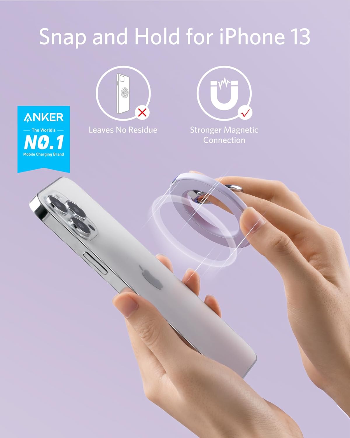 Anker Magnetic Phone Grip, MagGo 610 Ring Holder, Adjustable Kickstand, Only for iPhone 16/16 Plus/16 Pro/16 Pro Max/15/14/13/12 Series - PuriLite