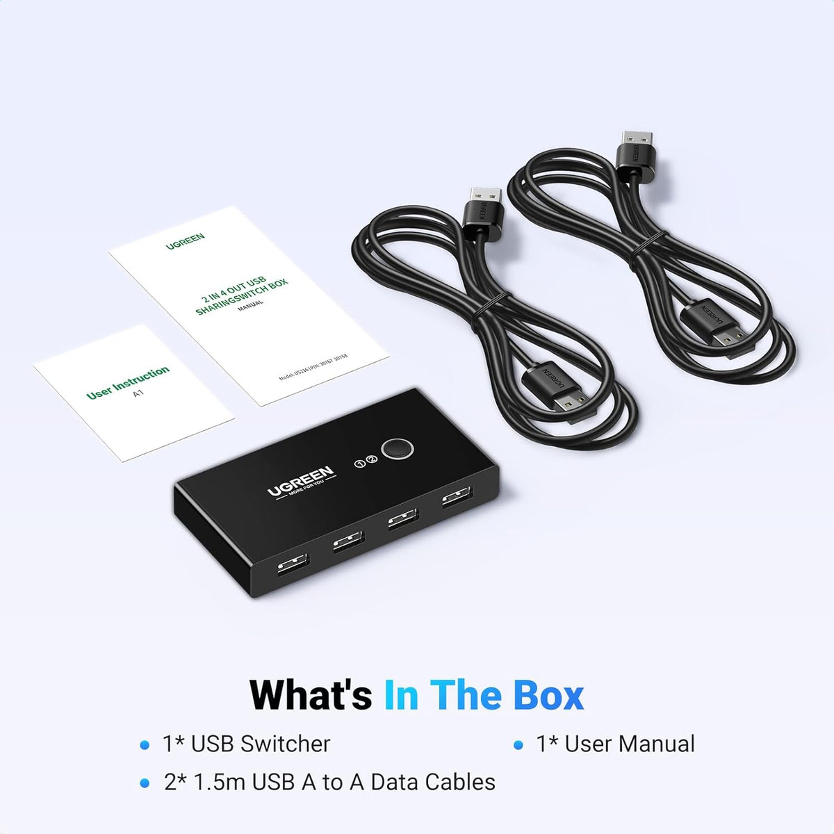 UGREEN USB 2.0 Switch Selector 2 Computers Sharing 4 Peripheral Devices, Switcher Box Hub for Mouse, Keyboard, Scanner, Printer, PCs with One-Button Swapping and 2 Pack USB A to A Cable - PuriLite