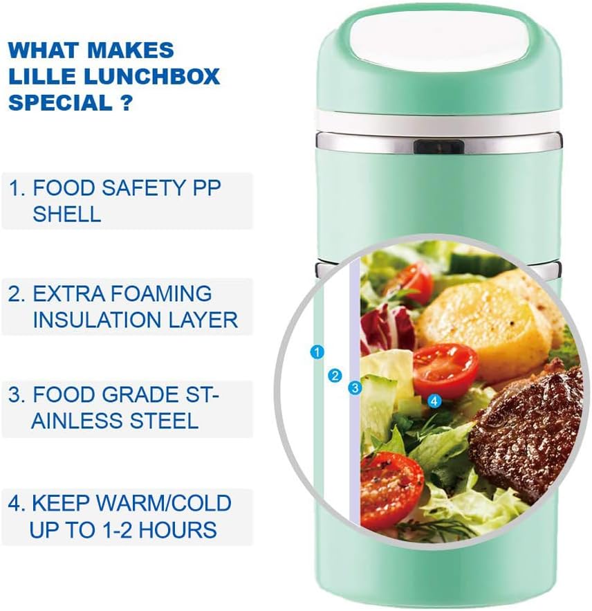 Lille Home Stackable Stainless Steel Thermal Compartment Lunch/Snack Box, 3-Tier Insulated Bento/Food Container with Lunch Bag, Cutlery Set and 3 Extra Seals, 43OZ (Gray) - PuriLite