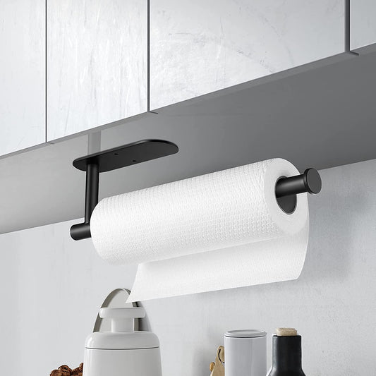 Fvviia Under-Cabinet Paper Towel Holder – Stainless Steel Wall Mount with Self-Adhesive & Screw Installation, Space-Saving Kitchen & Bathroom Towel Rack, Black - PuriLite