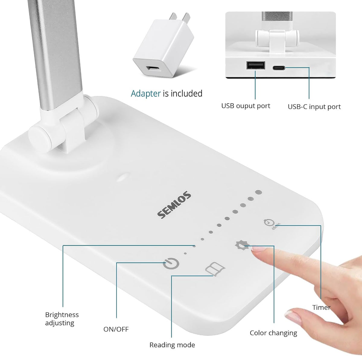 Semlos LED Desk Lamp for Home Office, Eye-Caring Table Light, 25 Lighting Modes, 45 Min Auto Timer, Touch Control, Dimmable, White - PuriLite