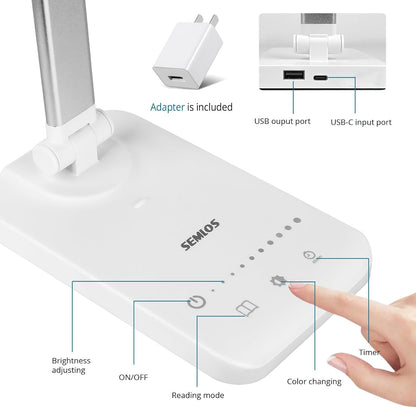 Semlos LED Desk Lamp for Home Office, Eye-Caring Table Light, 25 Lighting Modes, 45 Min Auto Timer, Touch Control, Dimmable, White - PuriLite