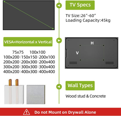 USX MOUNT Tilting TV Wall Mount Low Profile for Most 26-60" LED, LCD, OLED, Plasma Flat Screen TVs, TV Wall Mount with Max VESA 400x400mm up to 99lbs, Wall Mount TV Bracket Fits 8” 16" Studs - PuriLite